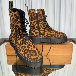 Leopard Print Platform Combat Boots - Brown
